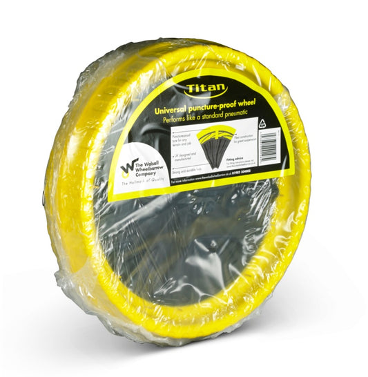 Titan Universal puncture-proof wheelbarrow wheel | Yellow solid rubber wheel for garden and building work UK