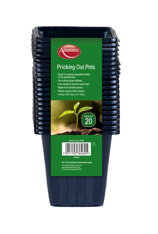Pack of 'Pricking Out Pots' with a green label on a white background