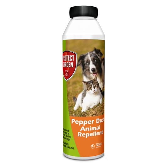 Bottle of Pepper Dust Animal Repellent with a dog and cat on the label against a white background