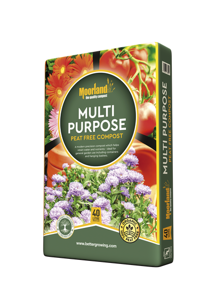 Box of Moorland Multi Purpose Peat Free Compost with gardening imagery on a white background
