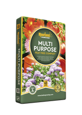 Moorland Multi Purpose Peat Free Compost packaging with images of plants on a white background