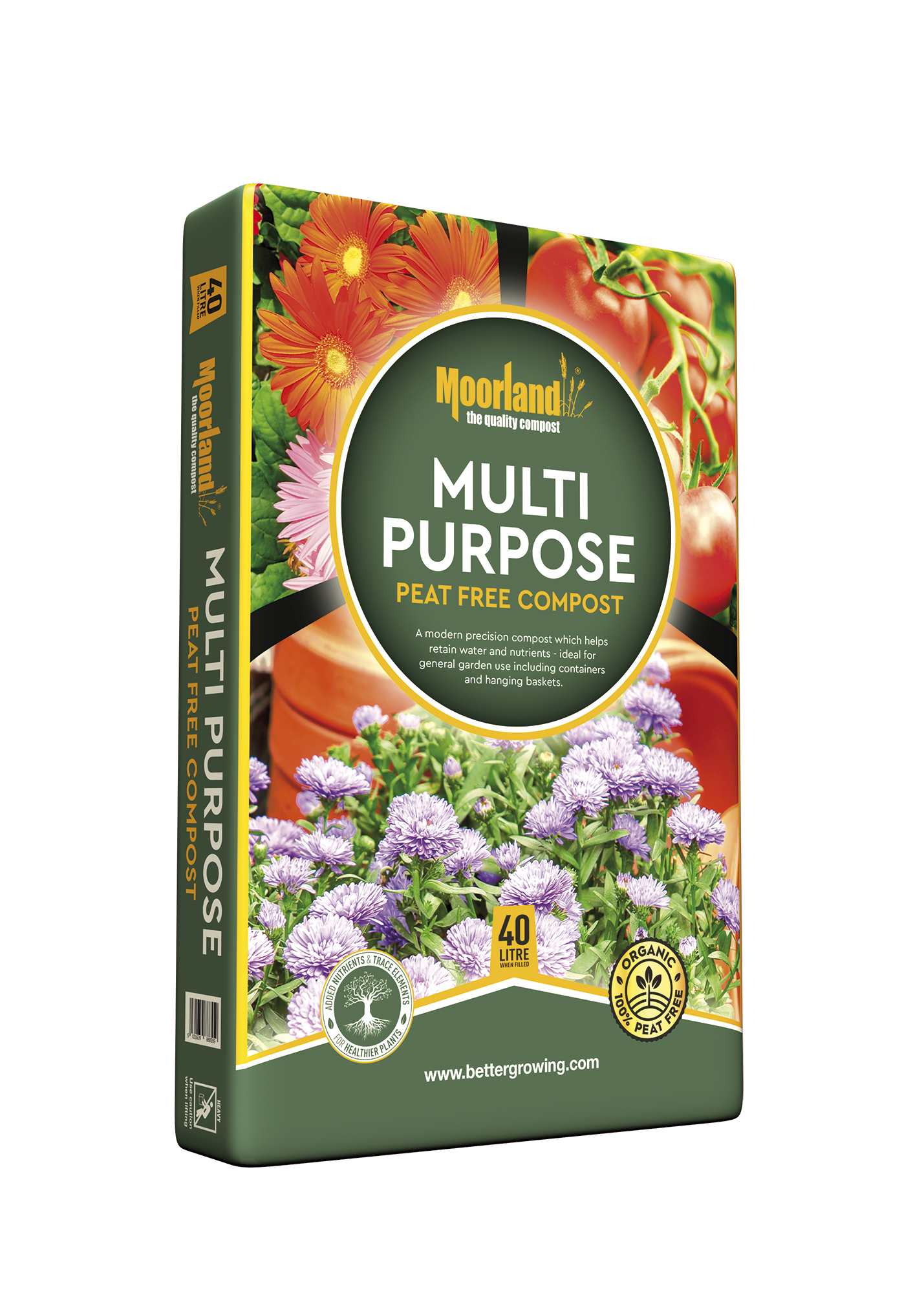 Moorland Multi Purpose Peat Free Compost packaging with images of plants on a white background