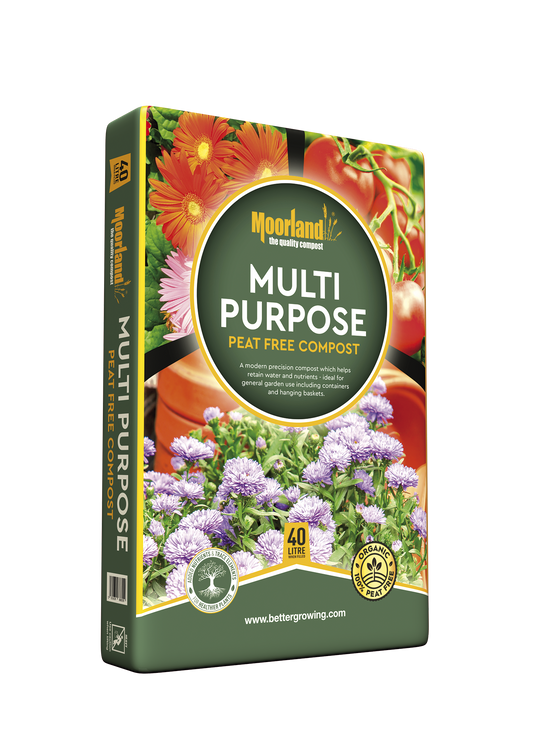 Moorland Multi Purpose Peat Free Compost packaging with images of plants on a white background
