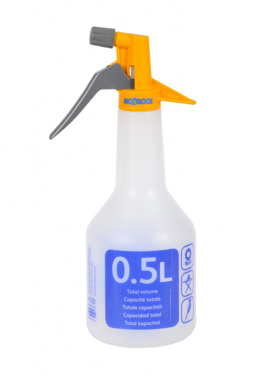Spray bottle with orange nozzle and white body on a white background