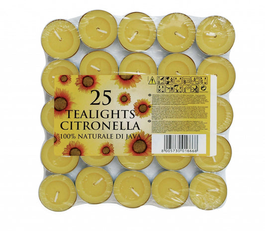 Pack of 25 Citronella tealights with a label on a white background