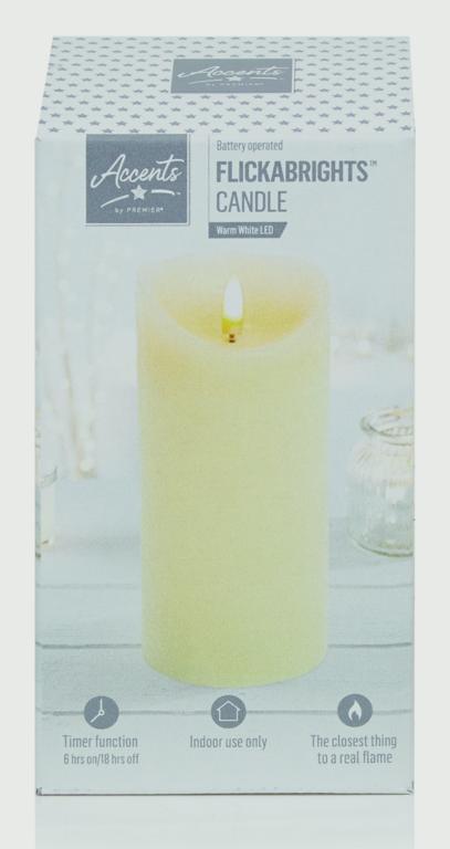 Flickabrights candle packaging with a lit candle on a light background