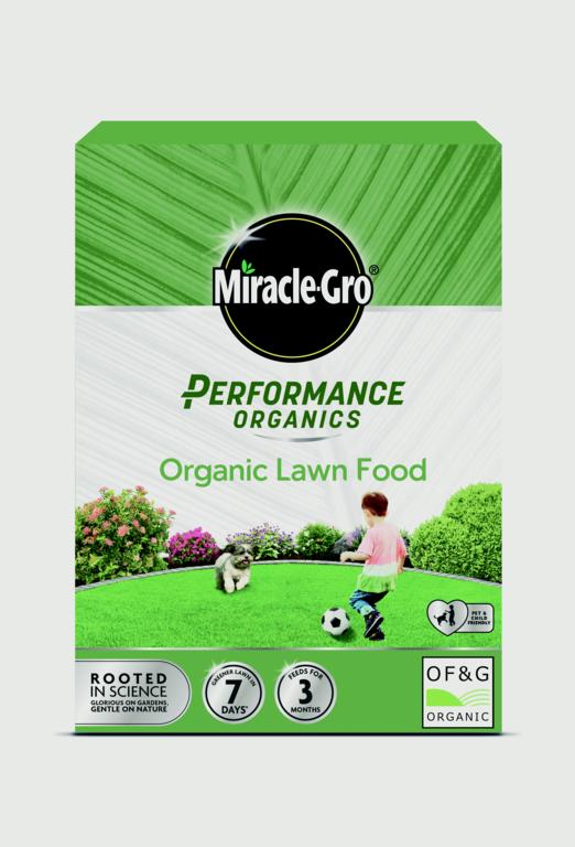 Miracle-Gro Performance Organics Organic Lawn Food packaging on a white background
