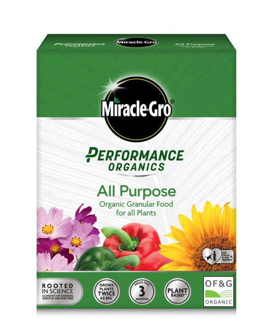 Miracle-Gro Performance Organics All Purpose organic granular food packaging on a white background