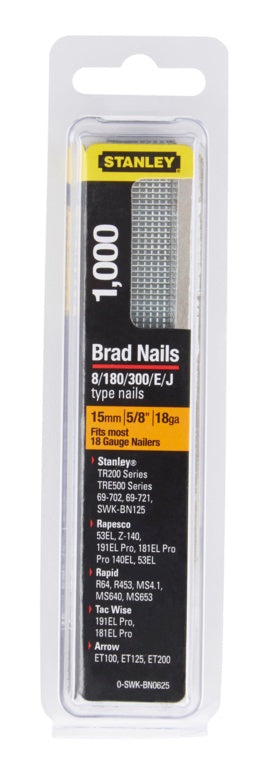 Stanley brand packaging of Brad Nails with specifications on a white background