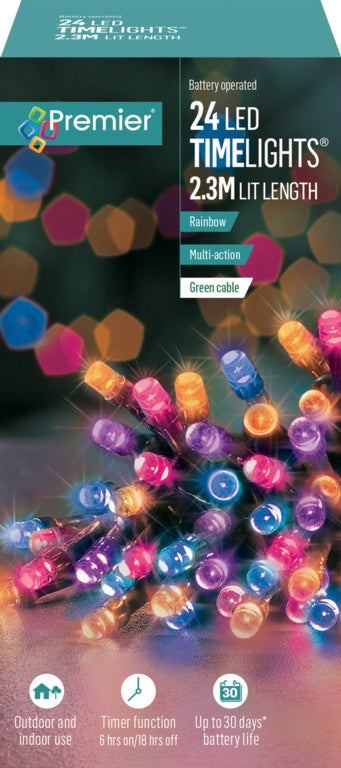 Premier brand LED time lights packaging with colorful lights on a blurred background