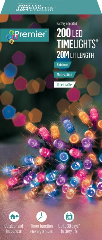 Premier 200 LED Multi Action Battery Operated Timelights Rainbow/Green Cable