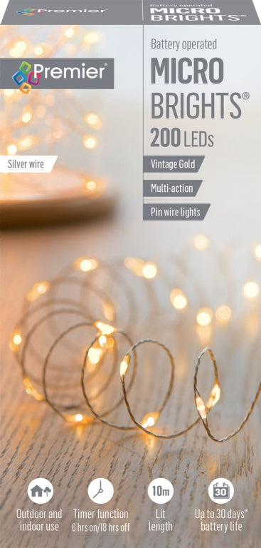 Premier Micro Brights string lights packaging with lights in the background