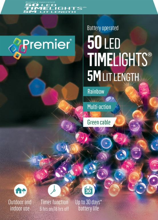 Premier brand 50 LED TimeLights packaging with colorful lights and product details.