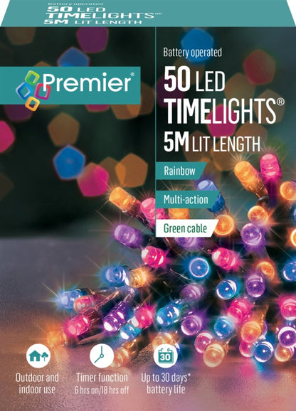 Premier brand 50 LED TimeLights packaging with colorful lights and product details.