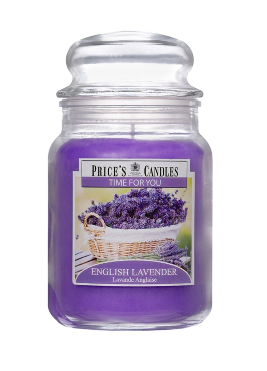 Price's Candles English Lavender candle in a glass jar on a white background