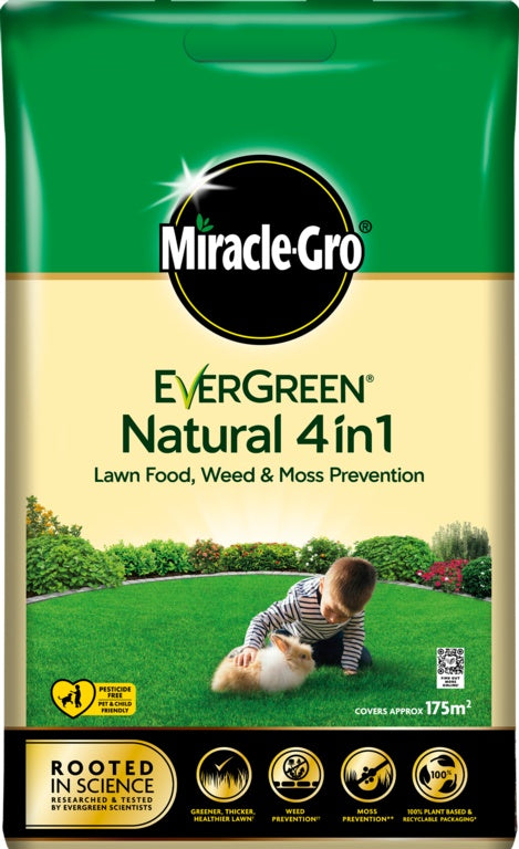 Bag of Miracle-Gro EverGreen Natural 4in1 lawn food and weed prevention on a green background