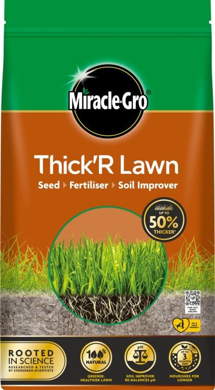 Miracle-Gro Thick'R Lawn seed packet with green and brown design.