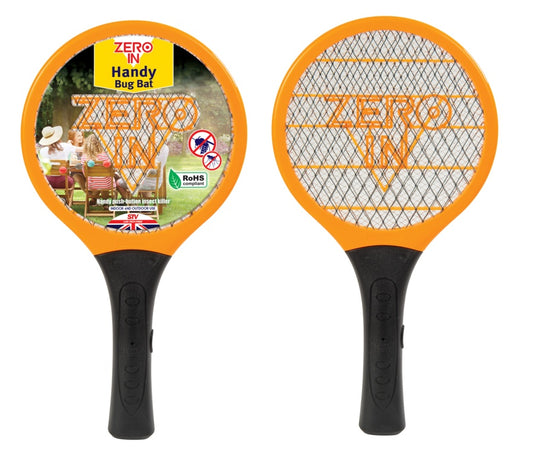 Orange and black Zero In bug racket with packaging on a white background