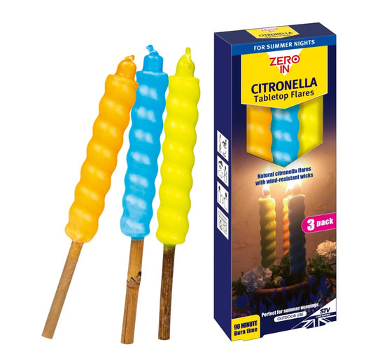 Three colorful tabletop flares with a box labeled 'Zero In Citronella Tabletop Flares' on a white background.