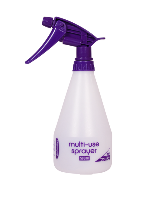 White multi-use sprayer with purple nozzle on a white background