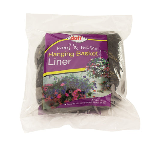 Packaged hanging basket liner with purple label on a white background