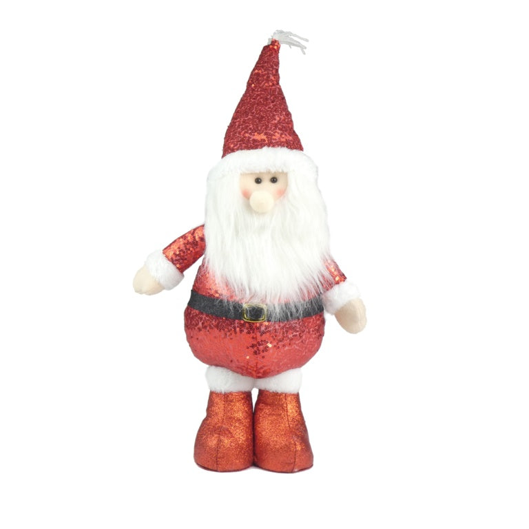 Standing Father Christmas Santa figure plush decoration | Red sequin suit and tall hat Christmas indoor display | UK seasonal décor