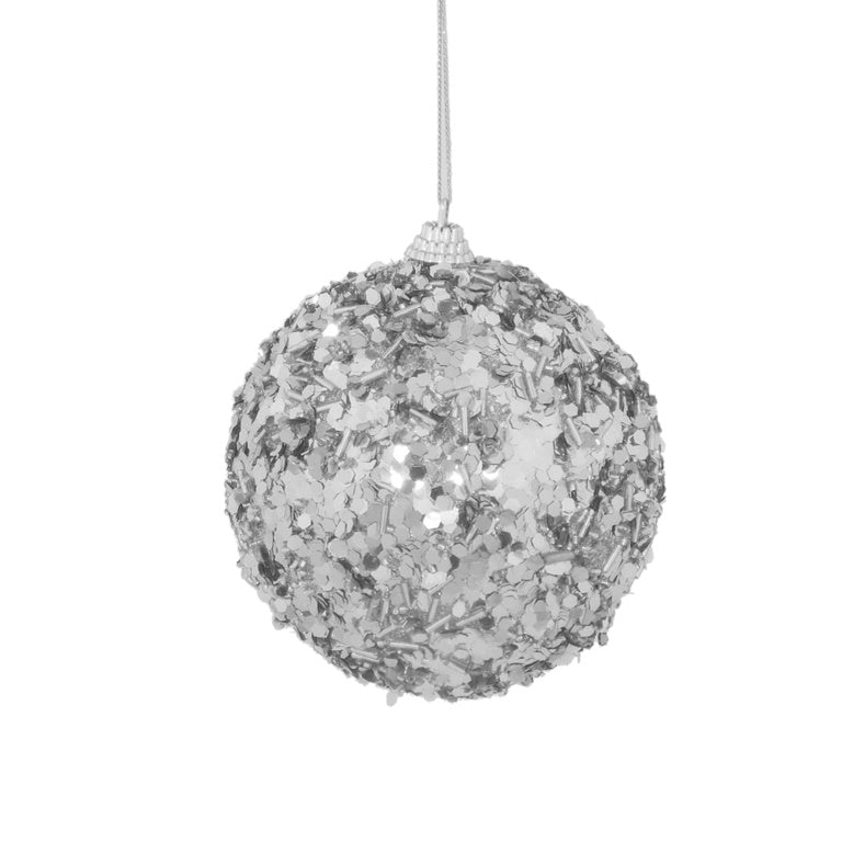 Silver glittery Christmas ball ornament on a white background