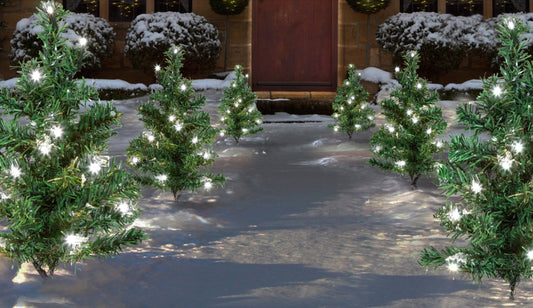 Decorative Christmas trees with lights on a snowy path