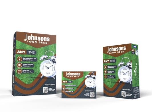 Three boxes of Johnsons Lawn Seed packaging on a white background