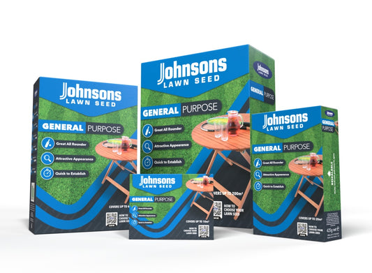 Three boxes of Johnsons Lawn Seed General Purpose on a white background