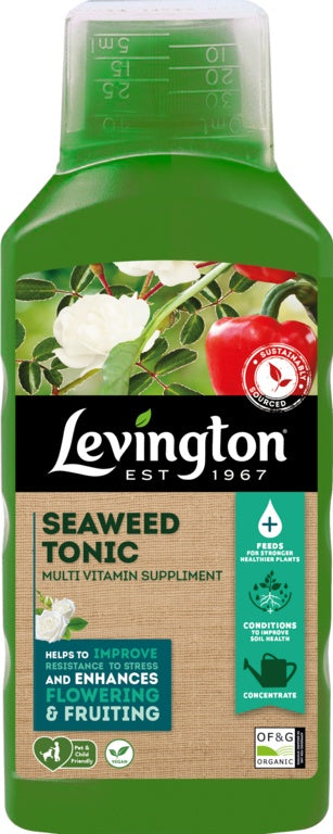 Levington Seaweed Tonic supplement bottle with green and brown design.