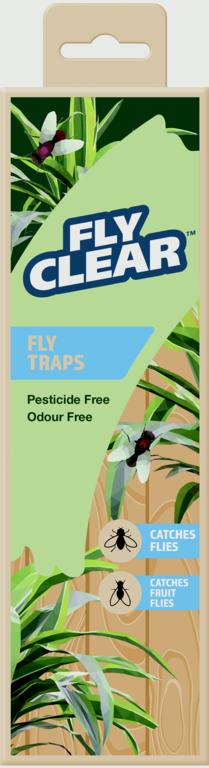 FlyClear fly traps packaging with illustrations of flies and plants on a green background.
