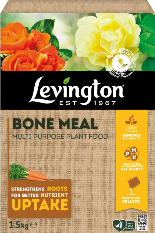 Levington Bone Meal plant food packaging with flowers and branding.