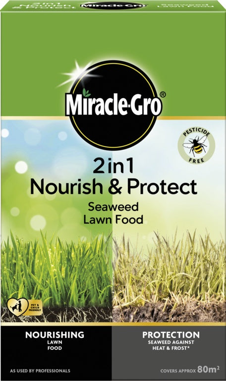 Miracle-Gro 2in1 Nourish & Protect Seaweed Lawn Food packaging with grass images and branding.