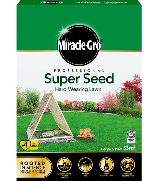 Box of Miracle-Gro Super Seed Hard Wearing Lawn with garden scene on packaging