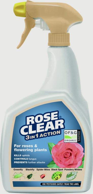 Rose Clear 3-in-1 Action spray bottle with a rose and pest illustration on the label.
