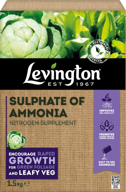 Levington sulphate of ammonia supplement packaging with green vegetables on a brown background