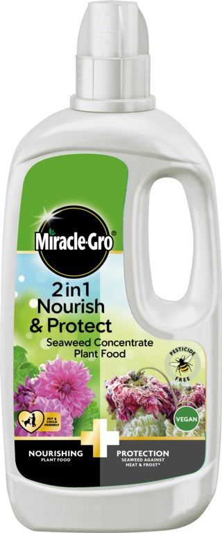 Miracle-Gro 2in1 Nourish & Protect plant food bottle on a white background