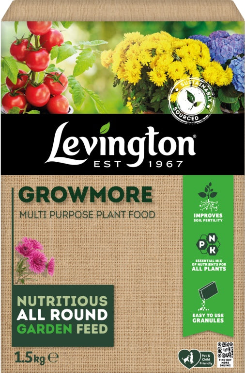 Levington Growmore plant food packaging with gardening images on a brown background