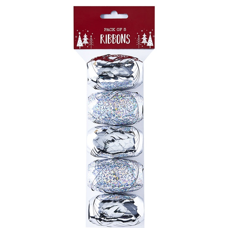 Pack of 5 ribbons with glittery finish in clear packaging on a white background