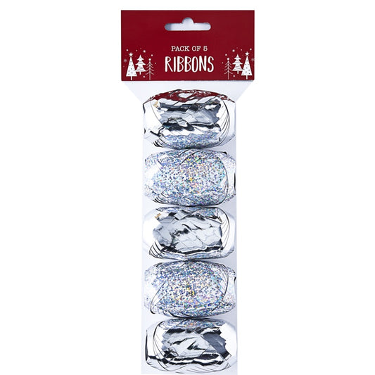 Pack of 5 ribbons with glittery finish in clear packaging on a white background