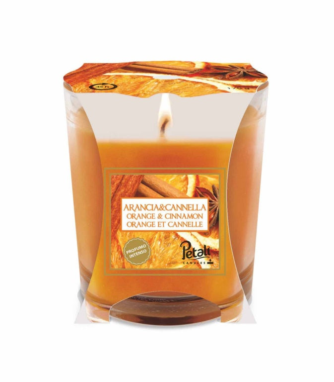 Candle in a glass jar with 'Orange & Cinnamon' fragrance on a white background