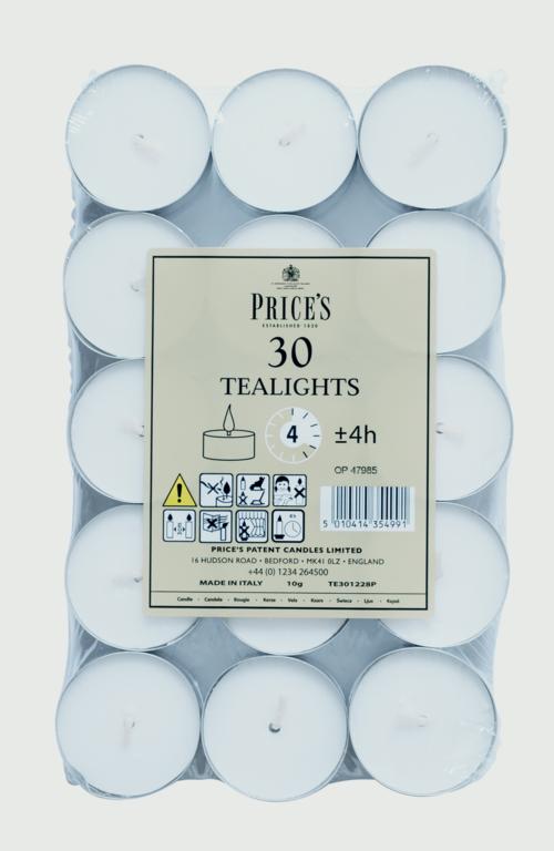 Pack of 30 Price's tealights with packaging on a light gray background