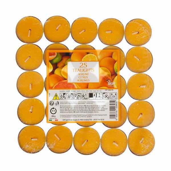 Pack of 25 citronella candles with a visible brand label on a white background