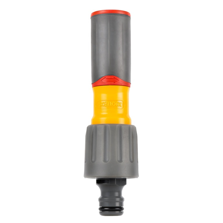 Gray, yellow, and red garden hose nozzle on a white background