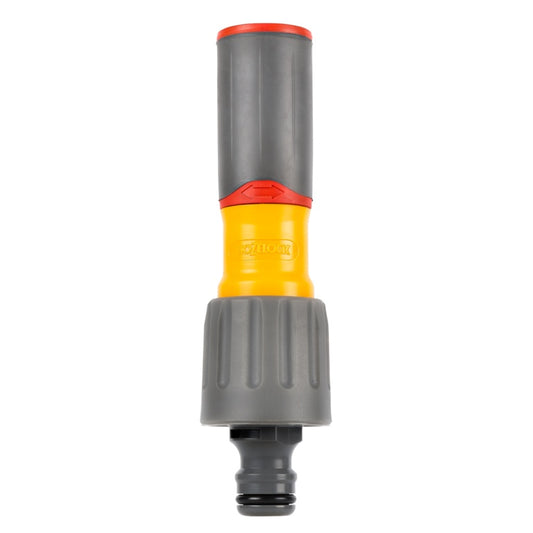 Gray, yellow, and red garden hose nozzle on a white background