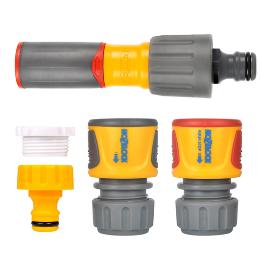 Set of garden hose nozzles and connectors on a white background