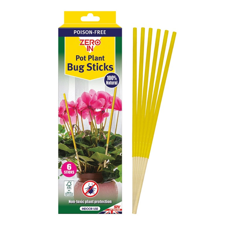 ZERO IN Pot Plant Bug Sticks 6 pack | Non-toxic natural yellow sticky traps for UK houseplant indoor pests