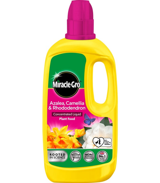 Yellow bottle of Miracle-Gro plant food with a pink cap on a white background