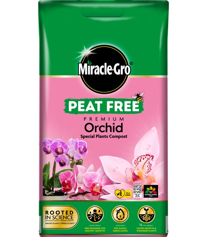 Miracle-Gro Peat Free Premium Orchid Special Plants Compost | Pink packaging with Phalaenopsis orchid image | Promotes healthy growth and glossy green leaves UK